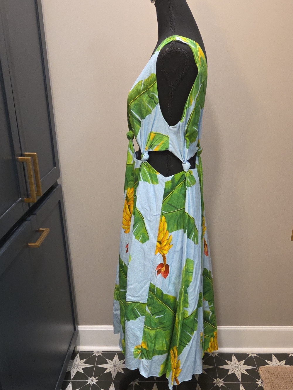 FARM Rio Banana Cut-Out Linen Blend V Neck Midi Dress Women's M - Picture 4 of 13
